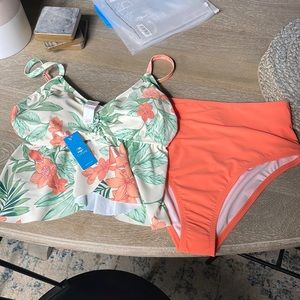 Cupshe XL women’s bamboo leaves ruched flounce tankini high waisted